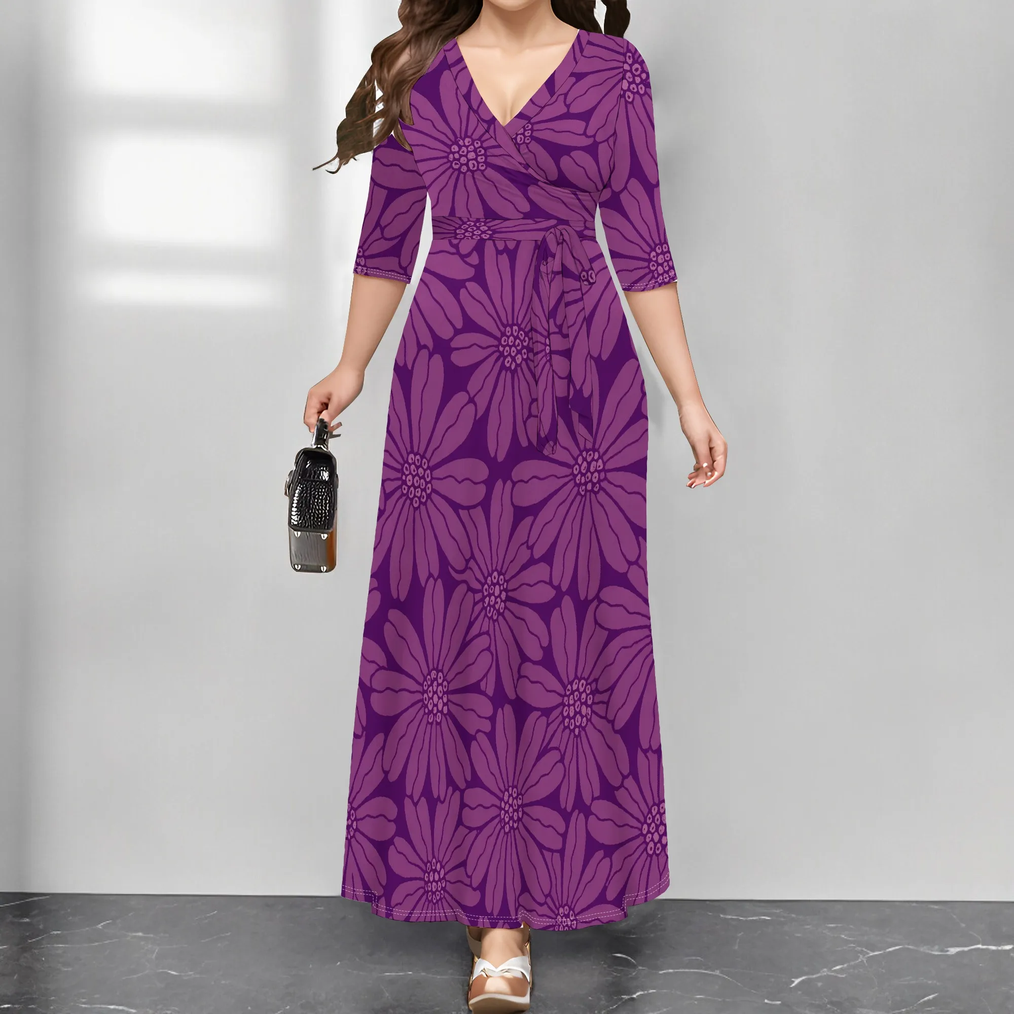 

Women's Elegant Purple Floral Maxi Dress V-Neck Wrap Tie Waist 3/4 Sleeve Casual Office Work Party Long Dress