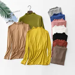 Edible tree fungus Tshirts Spring Autumn Women Base Tee Tops Long sleeves Half Neck Mask T-shirt Thin Solid color undershirt