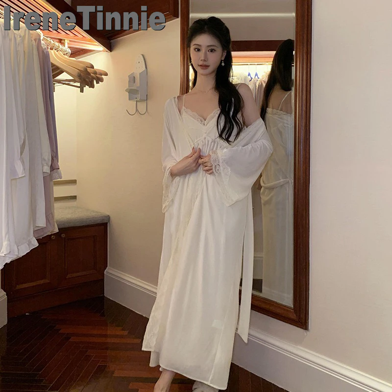 

IRENE TINNIE 2024 New Vintage Princess Loose Sleepwear Sweet Warm Long Robes For Women Winter Thicken Velour Loungewear 2 Piece