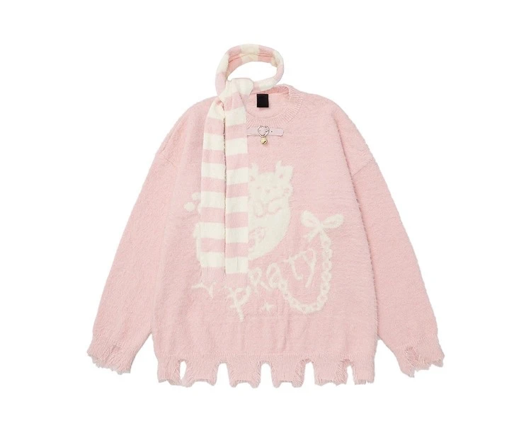 American Style Men's Kitten Jacquard Scarf Decorated Round Neck Black Sweater Couple Style Pink Loose Casual Knitted Top