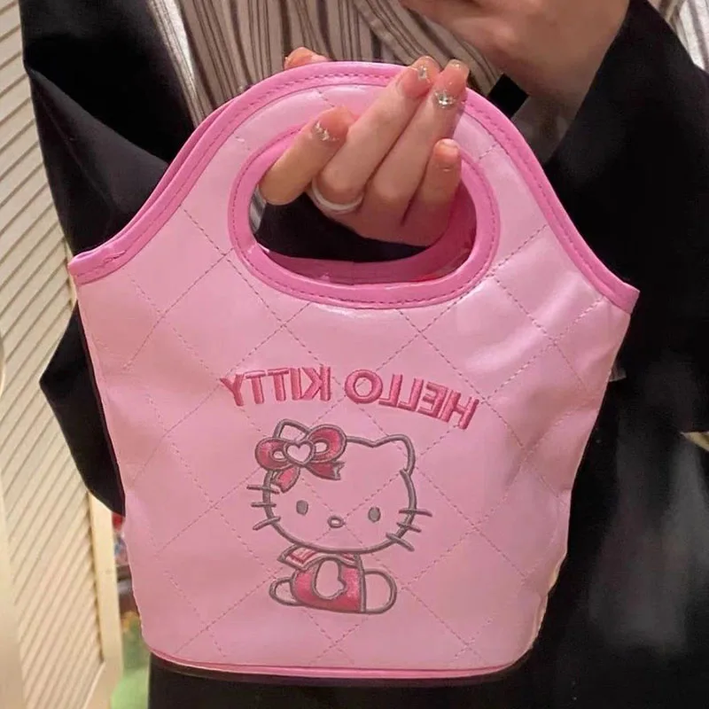 2024 New Sanrio Hello Kitty Handbag Mini Cute Girl Style Cartoon Pink Small Capacity Casual Commuting Leather Tote Bag Girl Gift