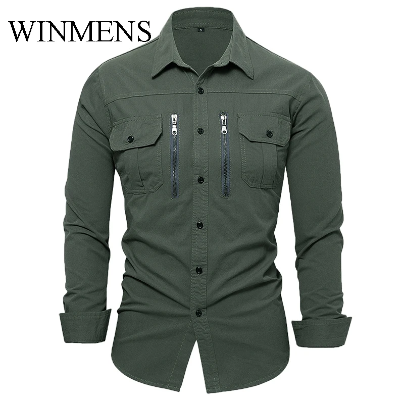 

Long Sleeve Shirts For Man Autumn 2024 Solid Cotton Zipper Pockets Male Basic Tops Casual Workwear XXL XXXL