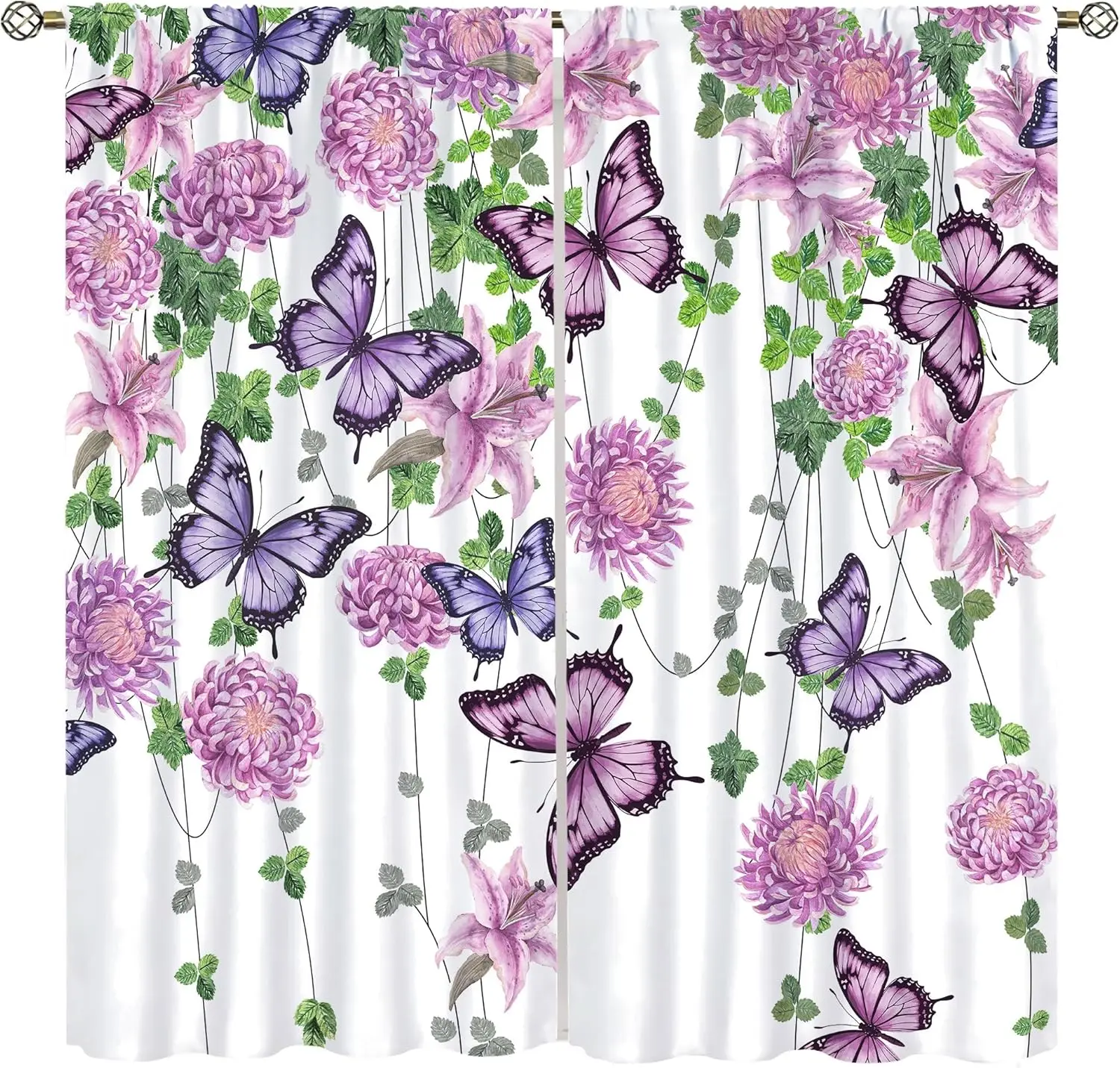 Butterfly Curtains Nature Plants Floral Chrysanthemum Lily Purple Window Treatments for Kids Girls Bedroom Nursery Room Rod