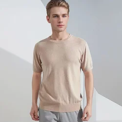 High Qualtity Oversized Cashmere Knitted O-neck T-shirt for Men Short Sleeve Tee Solid Color Trend Leisure Grey White Black Blue