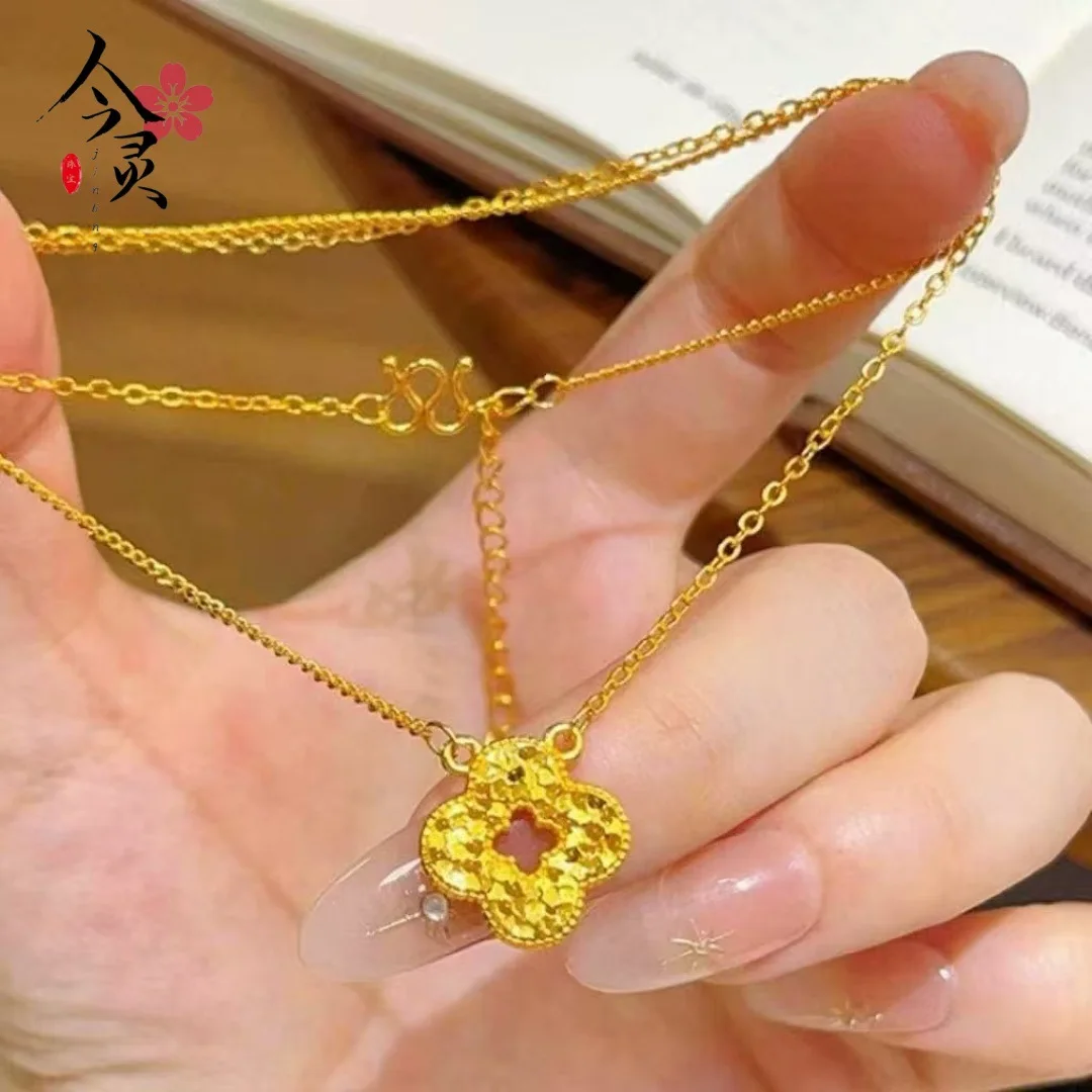 

Luxury 24K 9999 Pure Gold real gold Women's Hollow Ice Four Pieces Flower Pendant Necklace