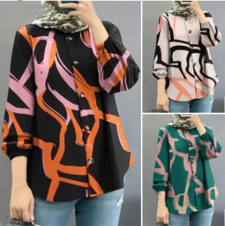 Shirt Eid Muslim Abaya Women Loose Printed Blouse Button Dubai Tops Caftan Abayas Kaftan Islamic Arab Jalabiya Ramadan Morocco