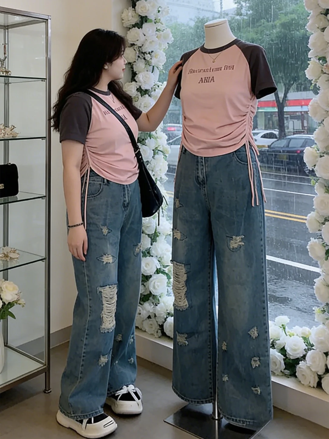 

Джинсы с высокой талией и широкими штанинами для женщин больших размеров, повседневные, рваные, прямого кроя, с эффектом похудения, весна-лето, модные