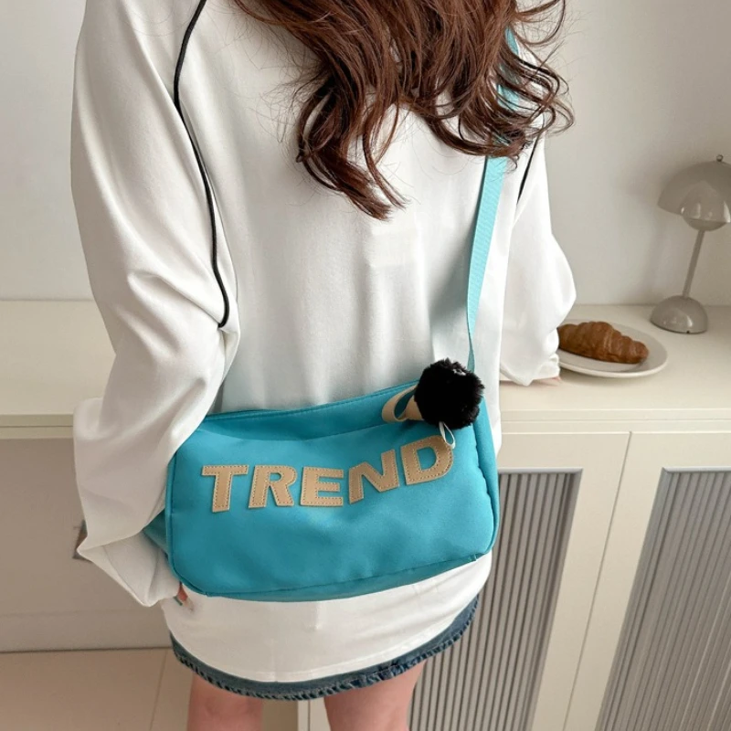 Minimalist Crossbody Bags for Men Women, Cute Black Plush Pendant, Adjustable Wide Shoulder Strap, Casual Handbag for Daily