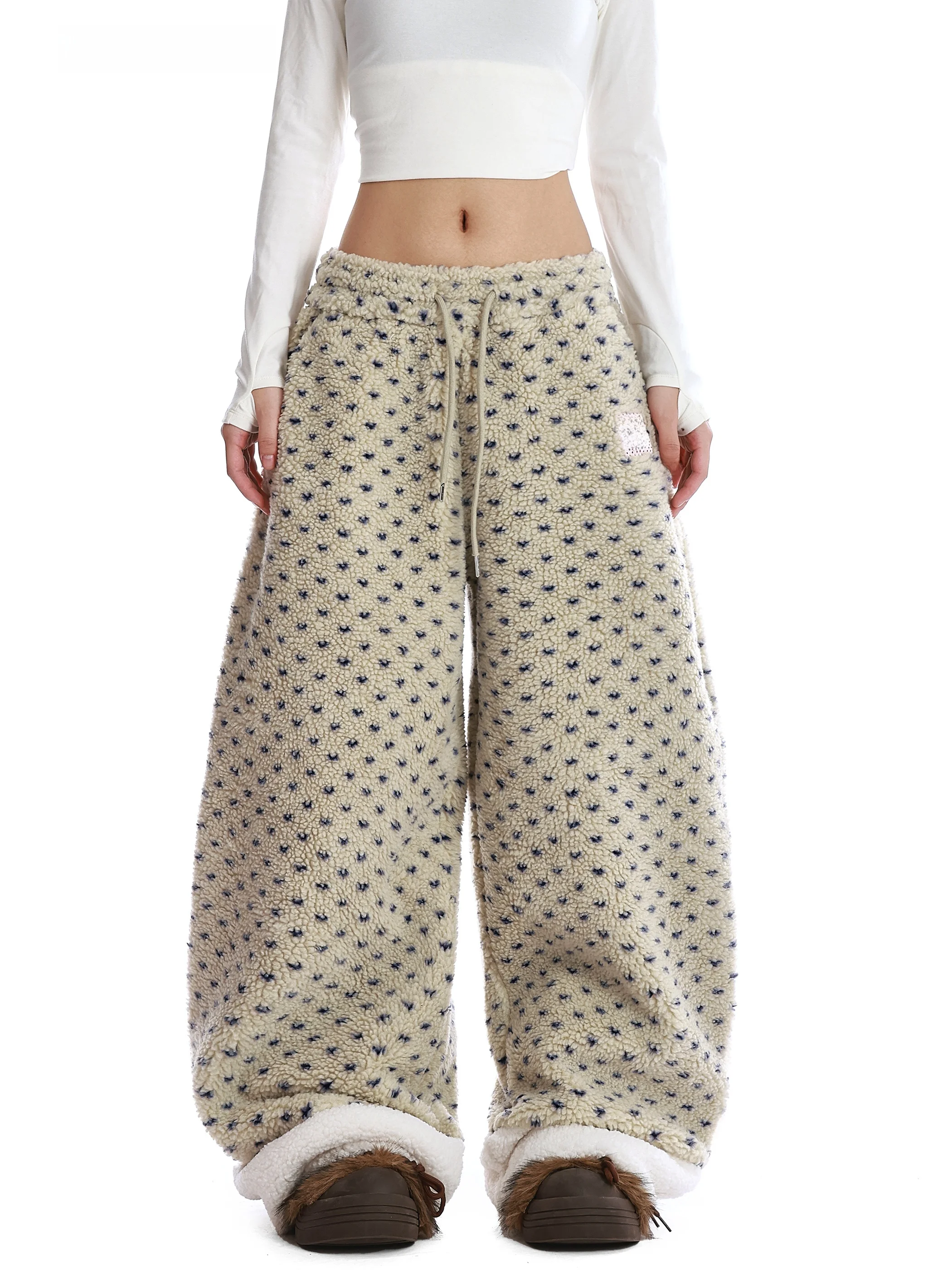 

Американские ретро-брюки из хлопкового бархата с принтом в горошек, женские осенне-зимние брюки с широкими штанинами на флисовой подкладке, повседневные длинные брюки