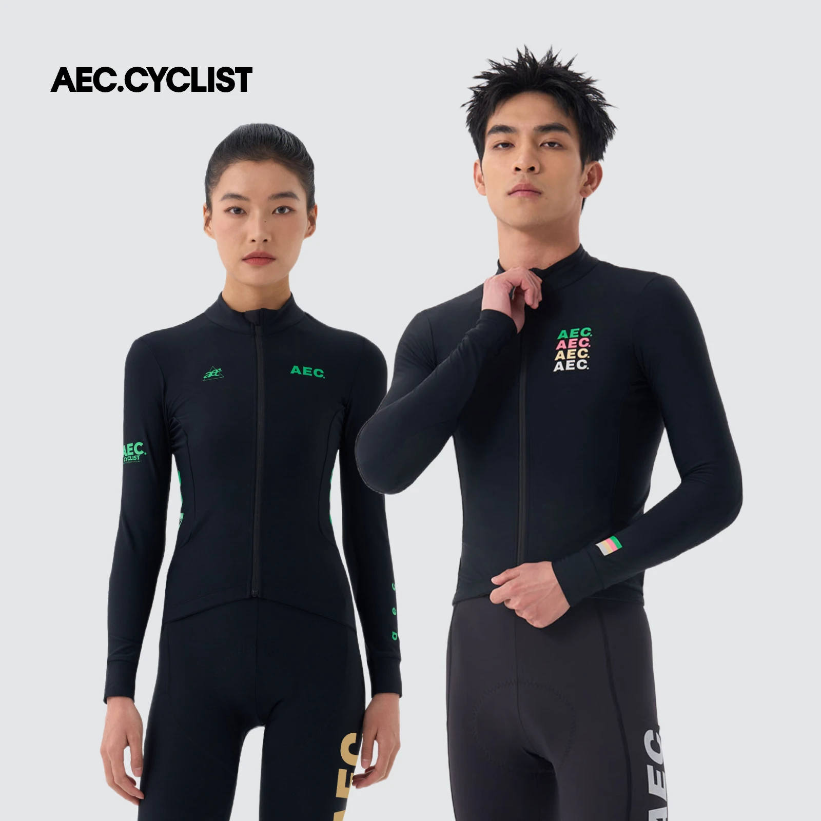 AEC.CYCLIST Men Women Fleece Cycling Jersey Reflective Logo Autumn Winter Thermal Black Bike Shirts YKK Zipper MTB Clothing 