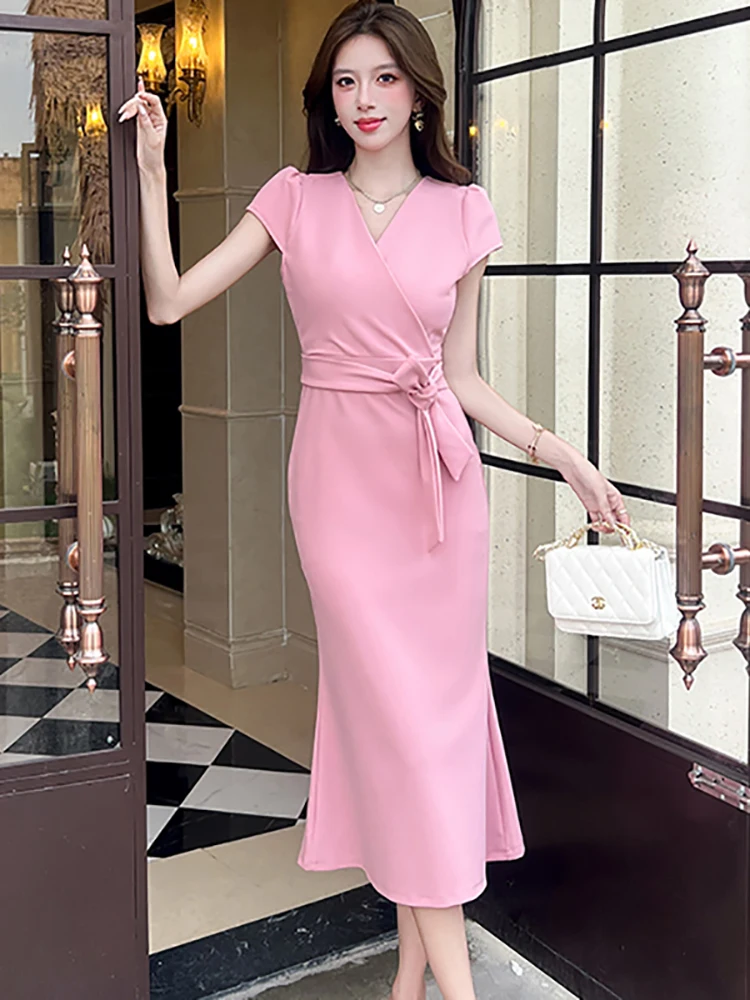 

Women Pink Knitted Short Sleeve V-Neck Midi Dress Summer Elegant Bow Bandage Bodycon Dress 2025 Korean Fashion Chic Casual Dress