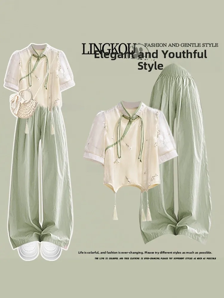 

New Chinese Sle Casual Summer Set Women's Improved National Wind Top Matching Dopne Slim Wide Leg Pants Two Piece Set