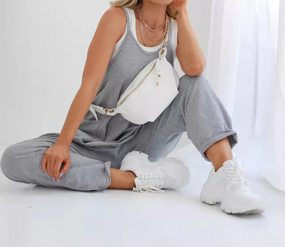 Fashion Jumpsuit Women Summer 2024 New Versatile Light Gray Casual Solid Sleeveless Conjoined Body Pant for Female Streetwear