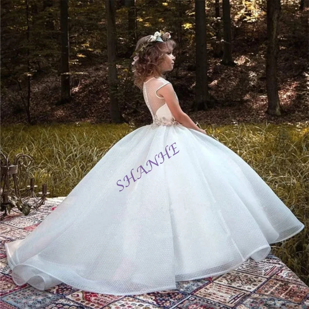 Maßgeschneidertes Prinzessin-Applikations-ärmelloses Erstkommunionkleid, bodenlang, A-Linie, langer Ball, Hochzeit, Blumenmädchenkleid, individuell gestaltet