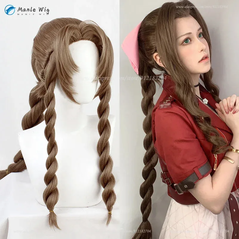 FF7 에어리스 게인스보로 코스프레 85cm 긴 갈색 꼬리 머리 내열성 합성 애니메이션 가발 + 가발 모자