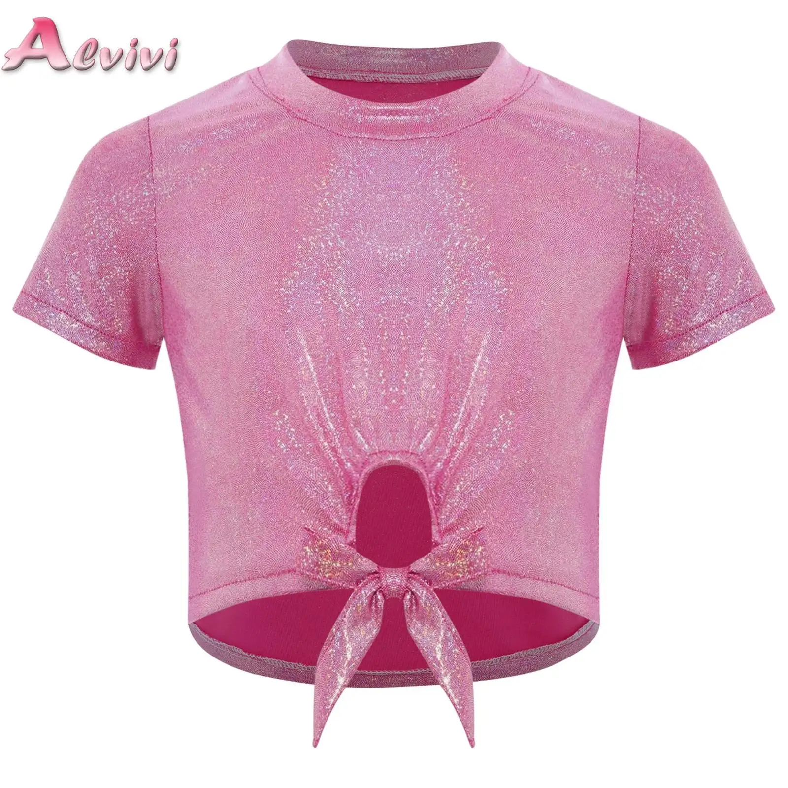 

Kids Girls Lace-Up Cutout Metallic Crop Top Short Sleeves T-shirt for Cheerleading Jazz Modern Hip Hop Dance Stage Performance