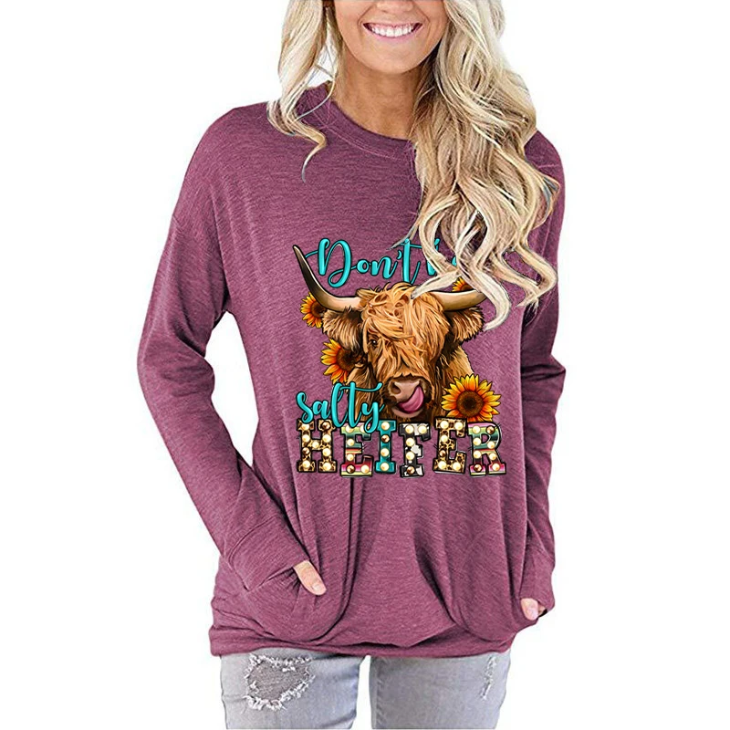 

Women Casual Long Sleeve Round Neck Shirt Cattle Don't Be A Sally Heifer Print Solid Color Pullover Autumn And Winter Sweatshirt