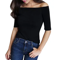 Hot Women Autumn T-shirts Half Sleeves Off Shoulder Pullover Slim Fit Casual solid color Tops Spring Summer Versatile Undershirt