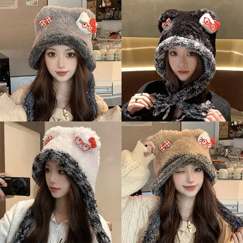 

Креативная шапка Sanrio Kawaii с рисунком «Hello Kitty» для девочек, осенне-зимний сезон, милая пушистая зимняя теплая защита от холода, Рождественский подарок