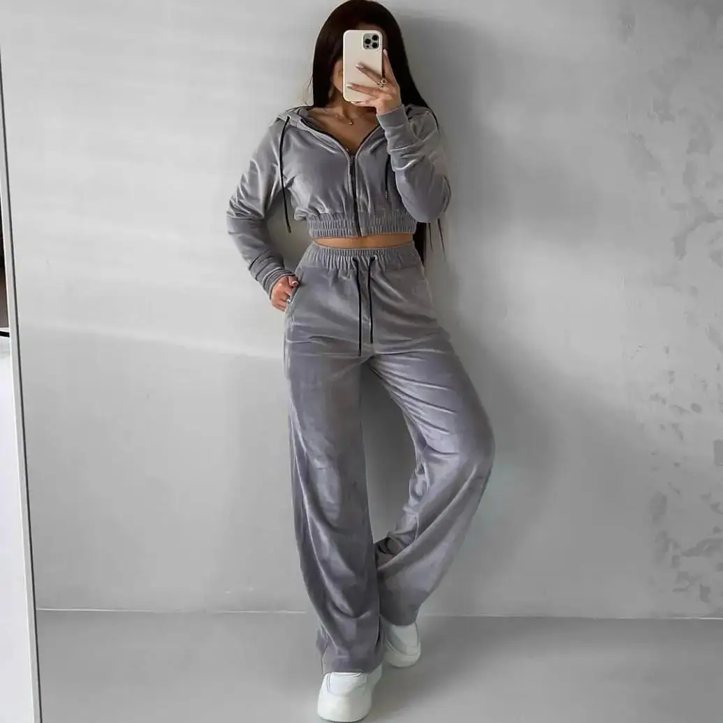 

Casual Color Long Sve Zipper Hoodie Belted Pants Two Piece Set Comfortable Streetwear Outfit for Young Women
