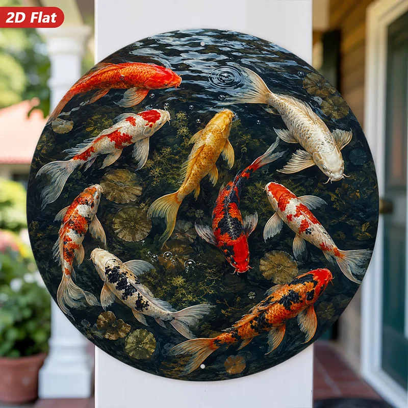 2D Flat, [2D Flat] 2D Flat Print 1pc Round Metal Iron Sign Wall Art, Koi Fish Art/Underwater Scene/Realistic Style/Asian-Inspire