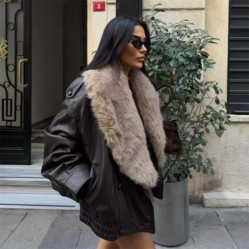 Guobioziy Women's Jacket Autumn Winter Casual Chic Brown Fur Collar Leather Jackets Detachable Large Fur Collar Women Coat