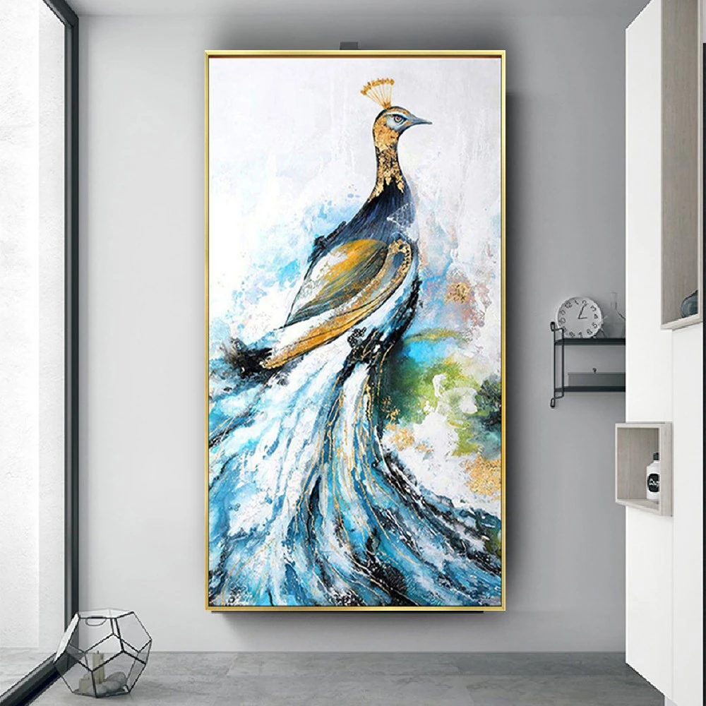 100% Hand-Painted Blue Peacock Oil Painting Gold Wall Art Picture Abstract Bird Canvas Mural Classic Retro Modern Home Decor