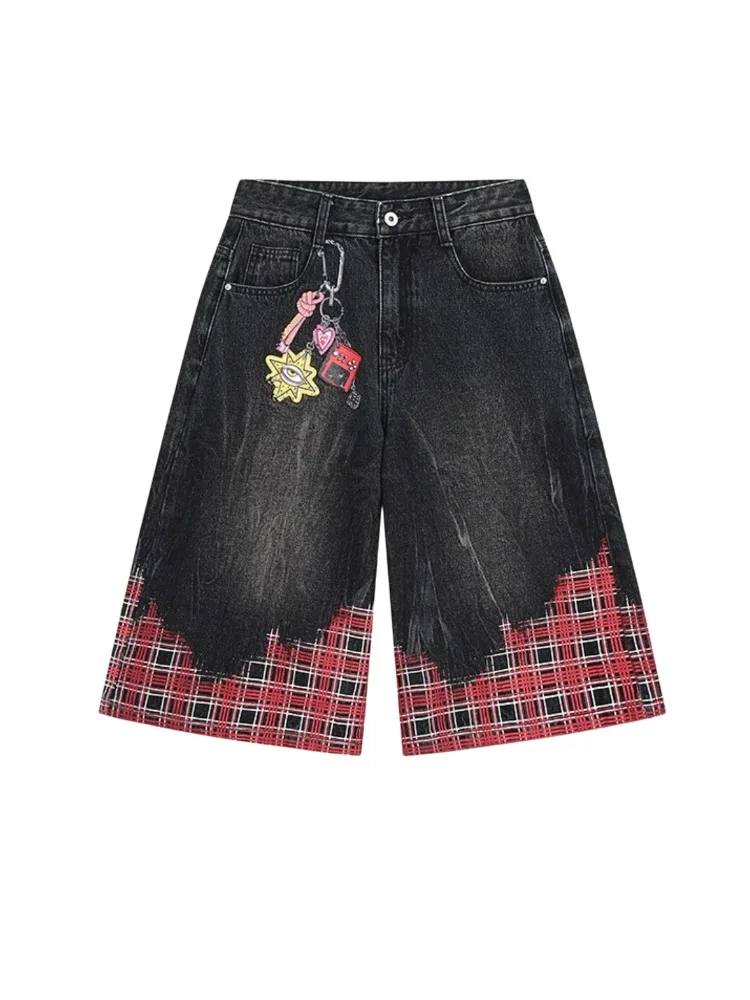 2025 Summer New American Retro Street Style Plaid Denim Capri Pants Fashion Trend Loose Casual Comfortable Shorts for Men