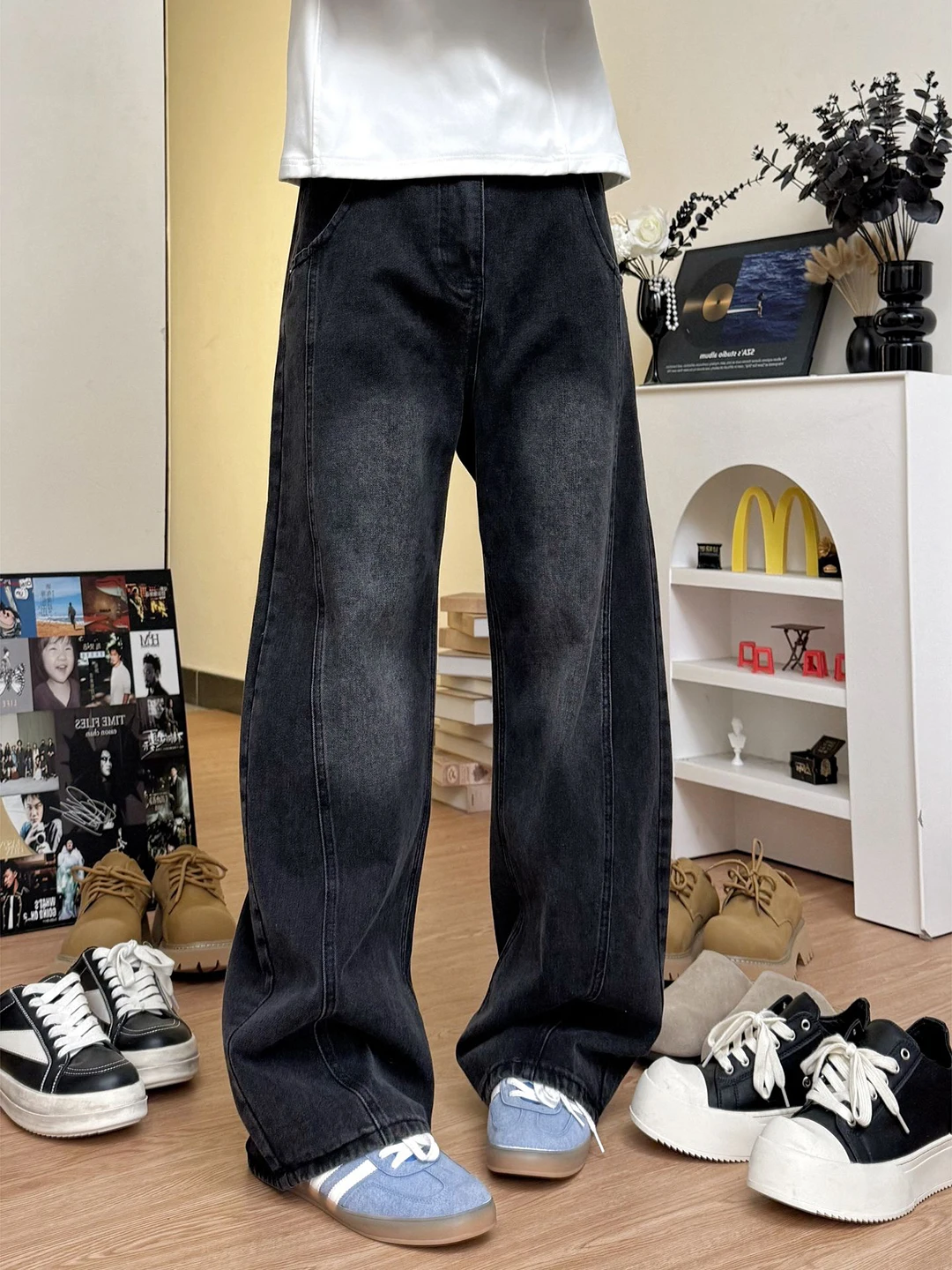 

American Waed Knife Men's Jeans Winter Deconstructed Patchwork Fce Wide Leg Casual Flared Straight Leg Pants