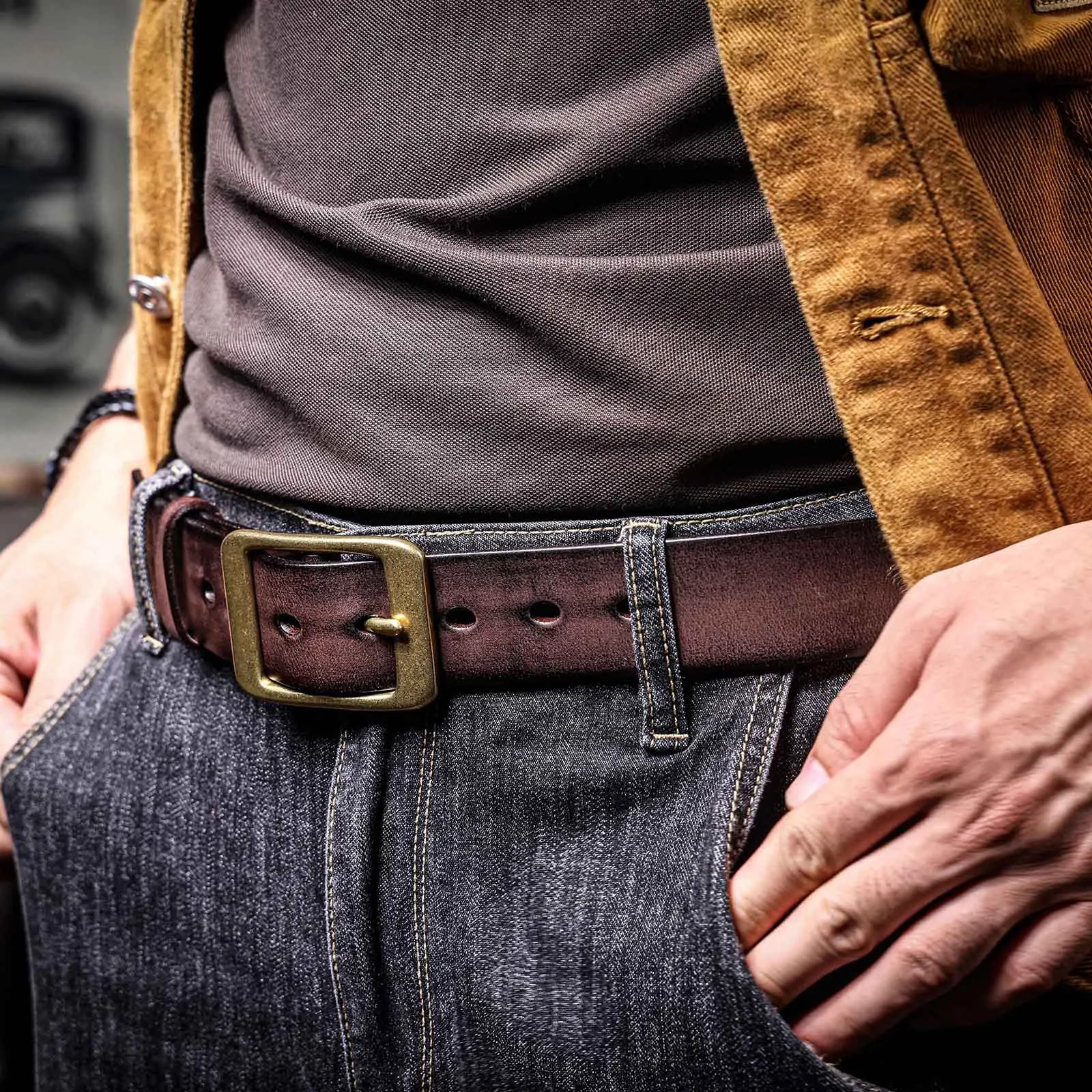 Vintage Echt leder Herren gürtel mit massiver Messings chnalle, hand gefertigte lässige Nadel schnalle verdicktes italienisches Rindsleder mit Geschenk box – Detail 6