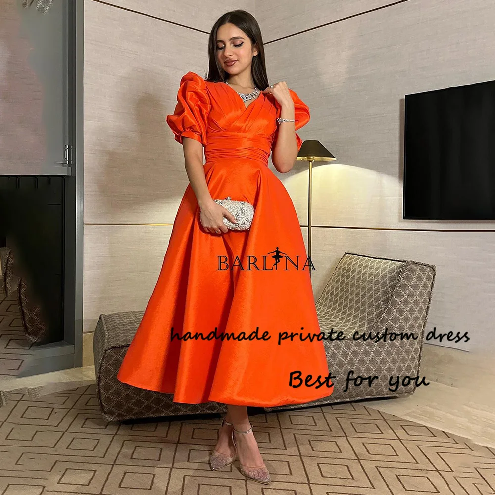 

Orange Satin A Line Evening Dresses Short Sleeve V Neck Prom Party Dress Ankle Length Arabic Dubai Formal Evening Gowns