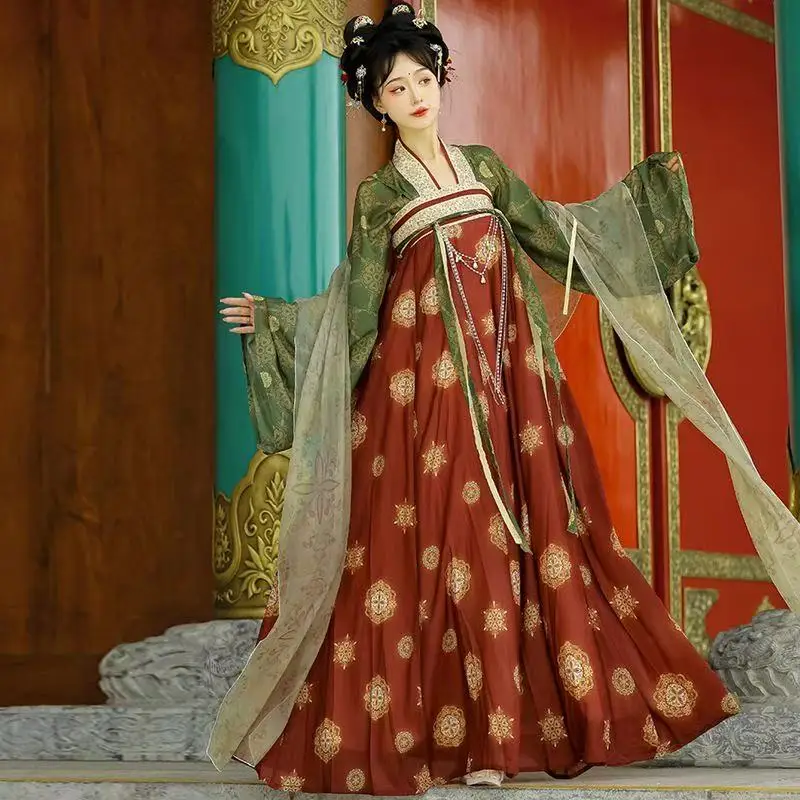 

Tang Dynasty Women's Hanfu Traditional Chinese Printing Dance Dress Vintage Fairy Stage Suit Halloween Event Cosplay Costume