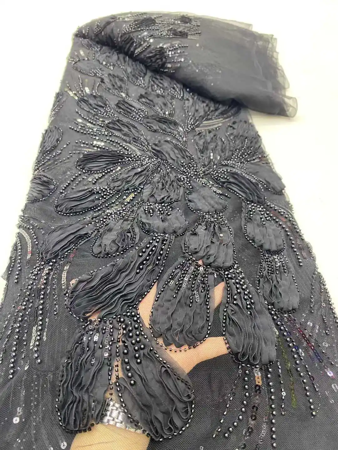 5 Yards African Lace Fabric 2025 High Quality French 3D Flower Sequins Embroidery Beads Tulle Lace Fabric For Party Dress