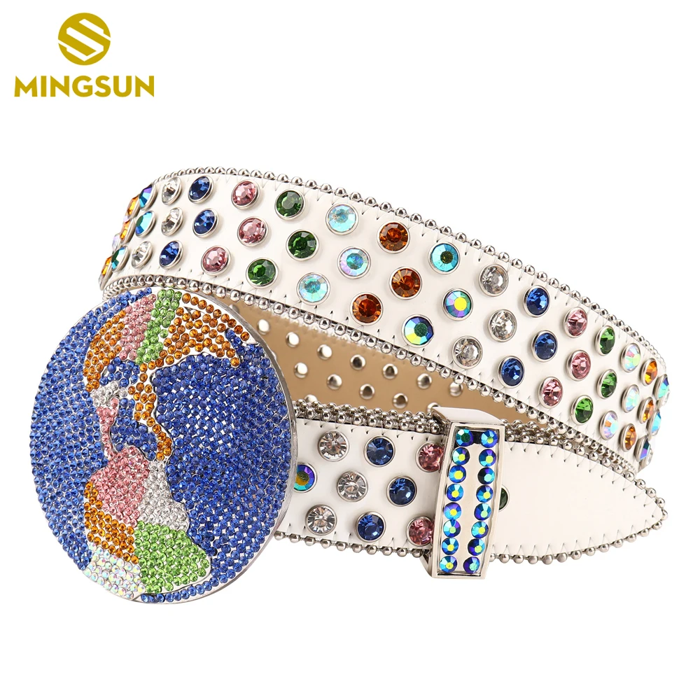 

Newest Goth White Leather Belt Metal Globe Buckle Luxury Men Women Rhinestone Studded Belt for Jeans Western Diamond Cinturones