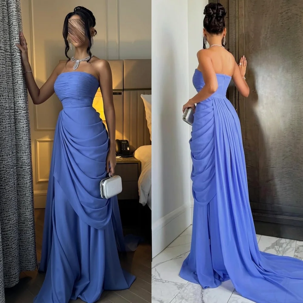

Customized Classic Blue Jersey Homecoming Dress High Quality Strapless Ruched Mermaid Zipper Back Customized Vestido De Festa