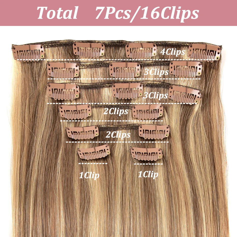 Ekstensi rambut manusia klip 7Pcs rambut Remy lurus Brasil rambut palsu warna alami klip ekstensi rambut Ins untuk wanita