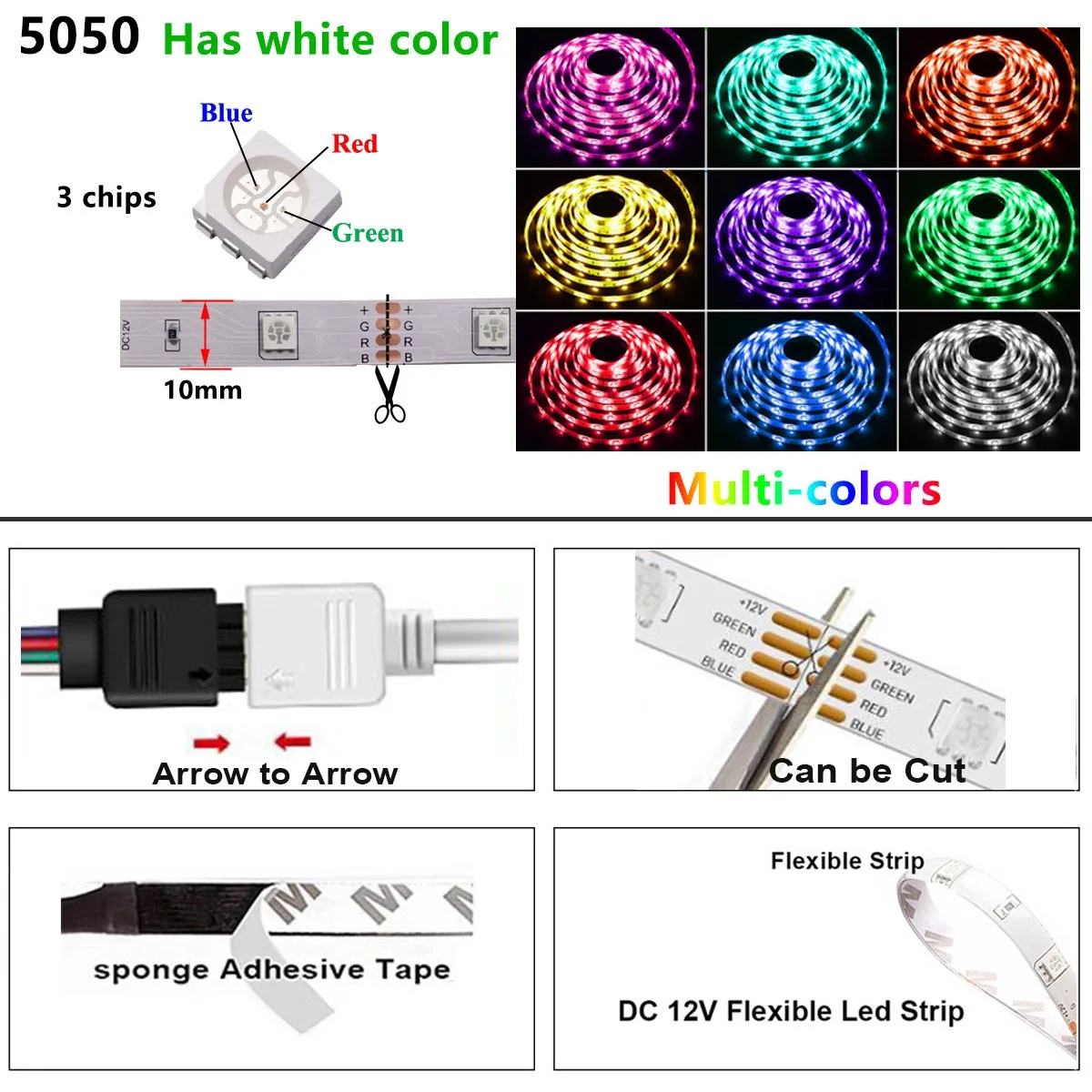 Flexible Neon Light LED Strip 12V for Room Wall Decoration 5050 RGB Tape with 44 key Control Color Change Dimmer Lighting Ribbon