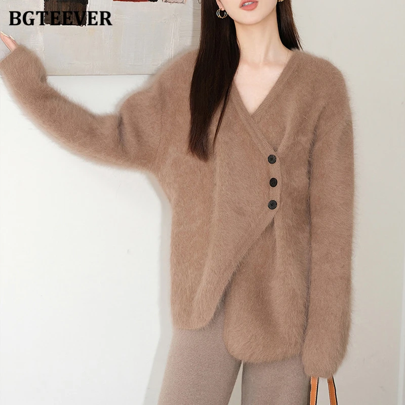 BGTEEVER Winter Warm Irregular Knitted Cardigans Women Elegant Long Sleeve Double Breasted Loose Female Sweaters Coat