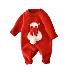 Autumn Red Knit Jumpsuit for Kids Winter Baby Romper Cute Bunny Christmas Clothes Newborn One-Piece Onesie Toddler Girls Outfit