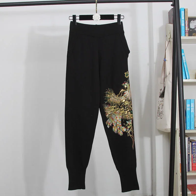 

Beading Phoenix Embroidery Knitted Tracksuits Women Outfits Loose Pink Red Black Knit Pullover Sweater Pencil Pants Set Female