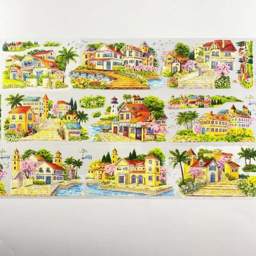 1 Loop Washi PET Tape Summer Island House Town Flower Bird Pattern Sticker Journal Decoration DIY Stationery Adhesive Sticker fo