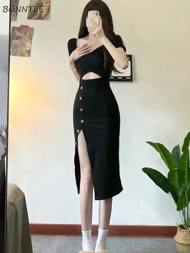 Schwarzes Kleid Frauen unregelmäßigen Schlitz Hotsweet Sommer aushöhlen elegante Bodycon Party Mode Streetwear täglichen All-Match-Urlaub