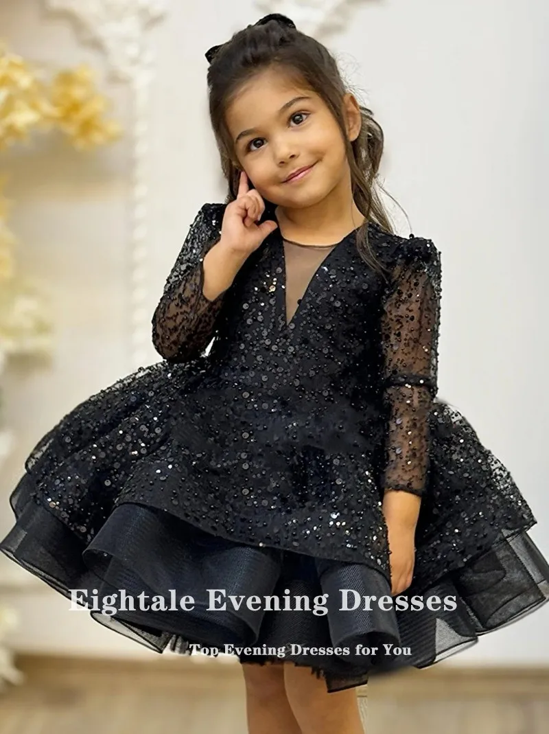 Robes à fleurs Champagne pour filles, Mini Costume personnalisé à paillettes et manches longues pour filles, robe Tutu de fête d'anniversaire pour enfants