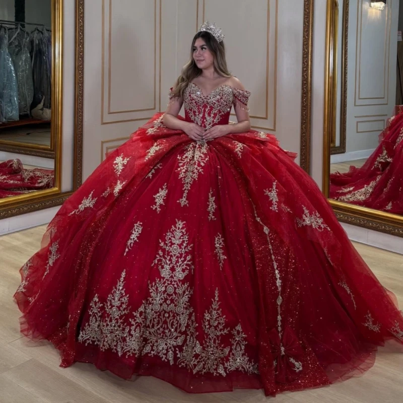 

Red Shiny Quinceanera Dresses Off The Shoulder Applique Lace Bow Beading Crystal Tull Party Birthday Sweet 16 Dress Vestidos 15