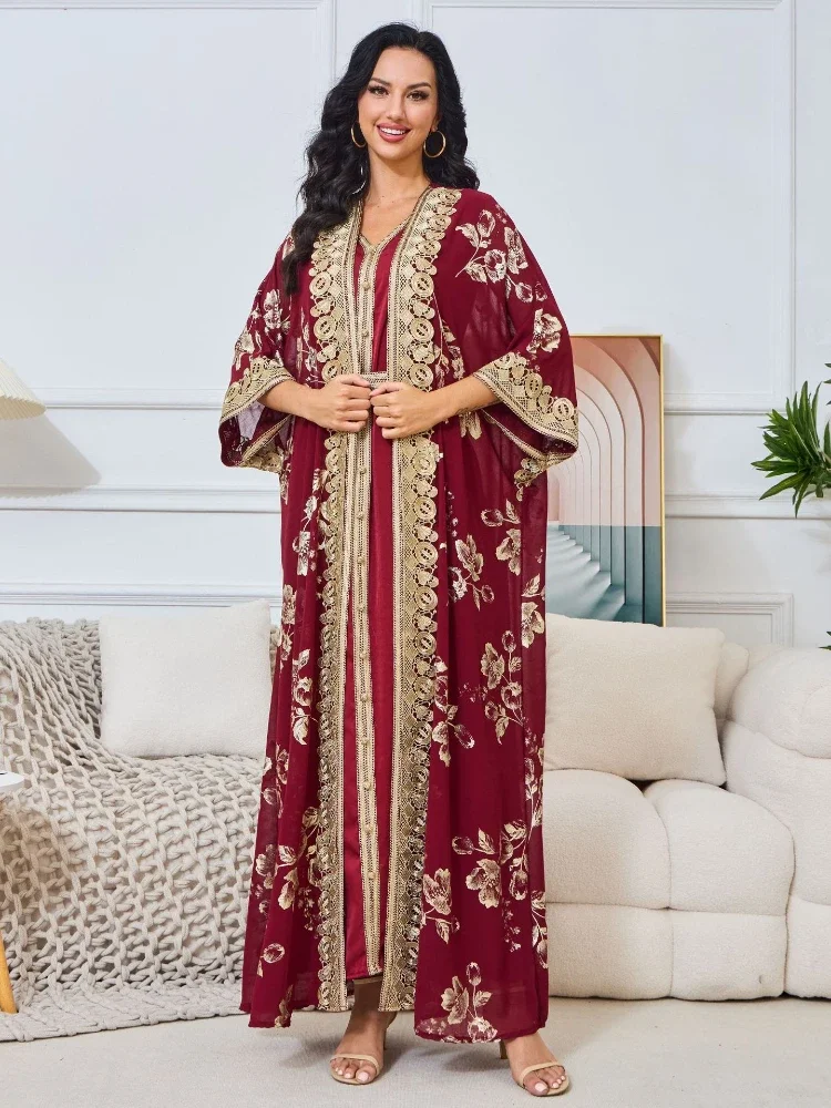 Eid Muslim Suit Women Party Dresses Jalabiya Sashes Vestidos Ramadan Abayas Morocco Dubai Kaftan Islam 2 Piece Set Long Robe