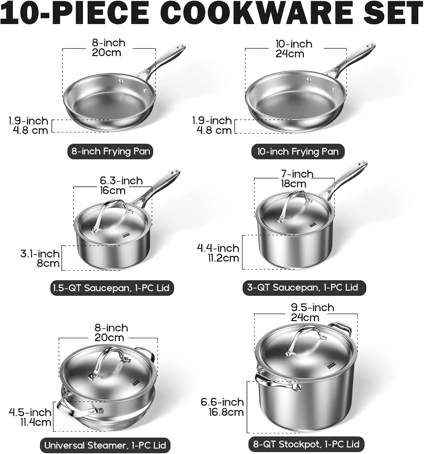 Stainless Steel Pots and Pans Set, 10-Piece Multi-Ply Clad Cookware