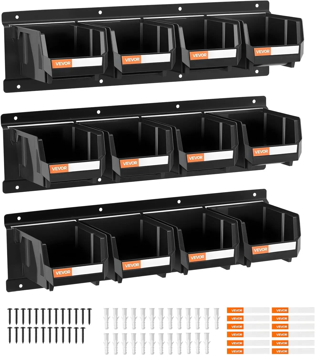 

Wall Mounted Storage Bins, 12 Plastic Bins & 3 Metal Rails, Stackable Hardware Organizer for Screws, Nuts, Bolts, Workshop