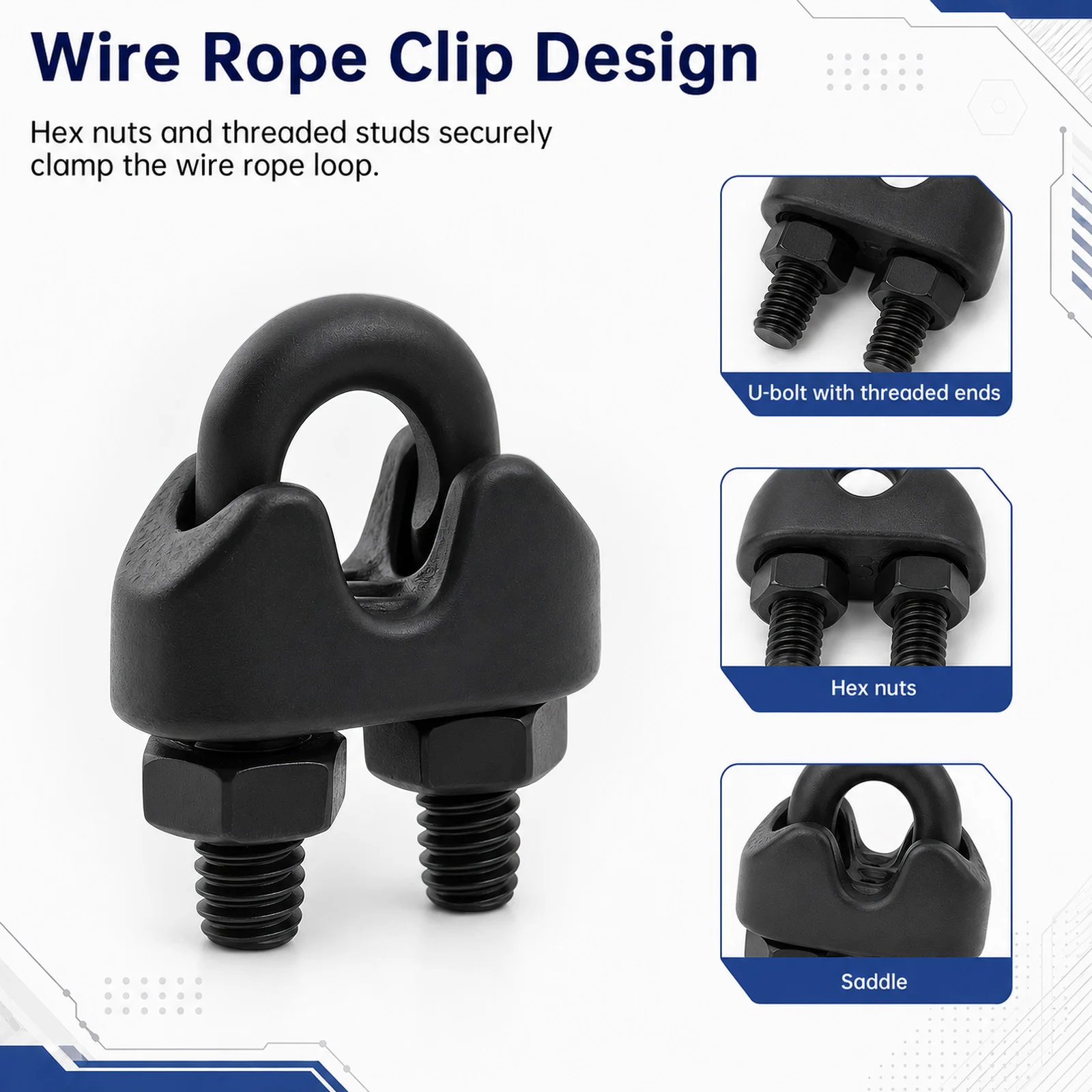 1/8 in (M3) Black Coated Wire Cable Clamps Kit with M3 Thimble for String Lights / Outdoor Wire / Clothes Line