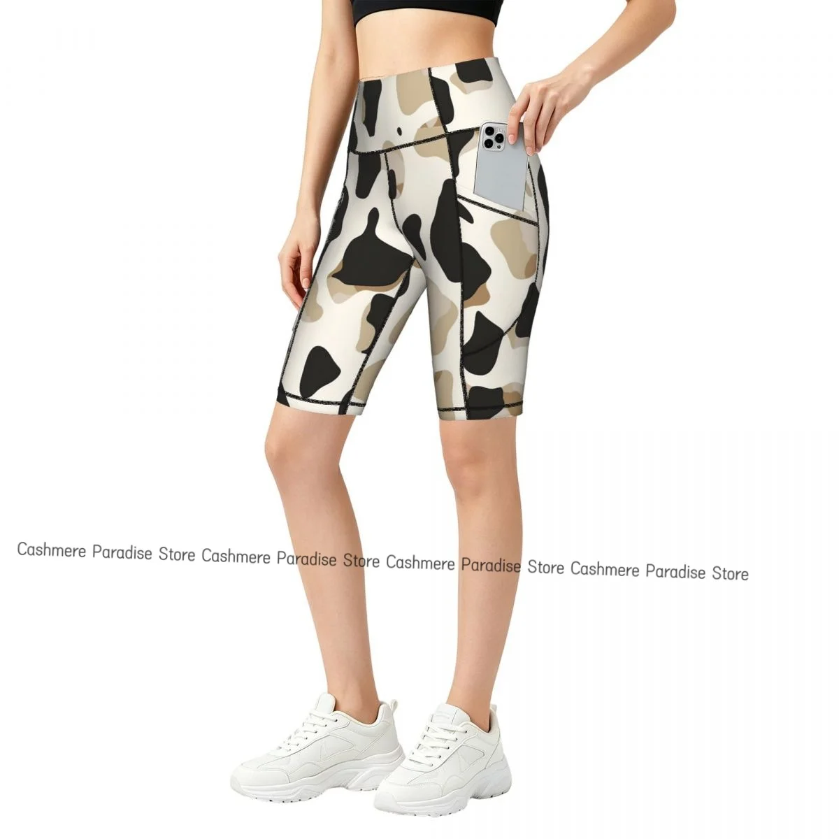 

Abstract Cow Print Sport Yoga Shorts Pants Women Fitness High Waist Hip Lift Running Yoga Side Pockets Tights Sportswear