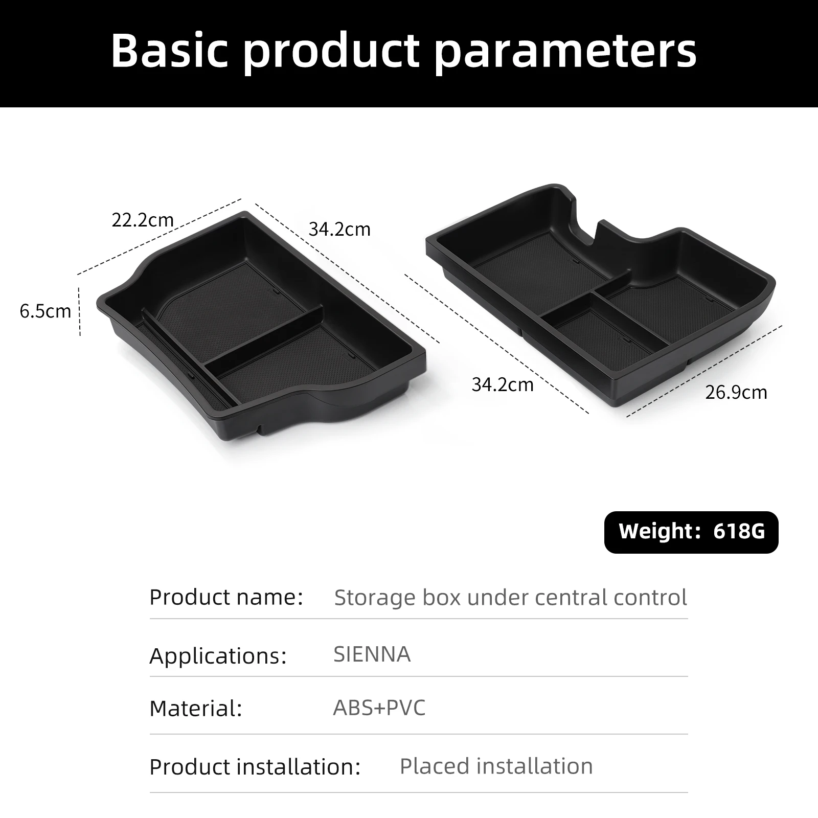 Smabee for Toyota Sienna 2021-2025 Car Center Console Lower Organizer Tray Armrest Insert Interior Accessories Black 2pcs/set